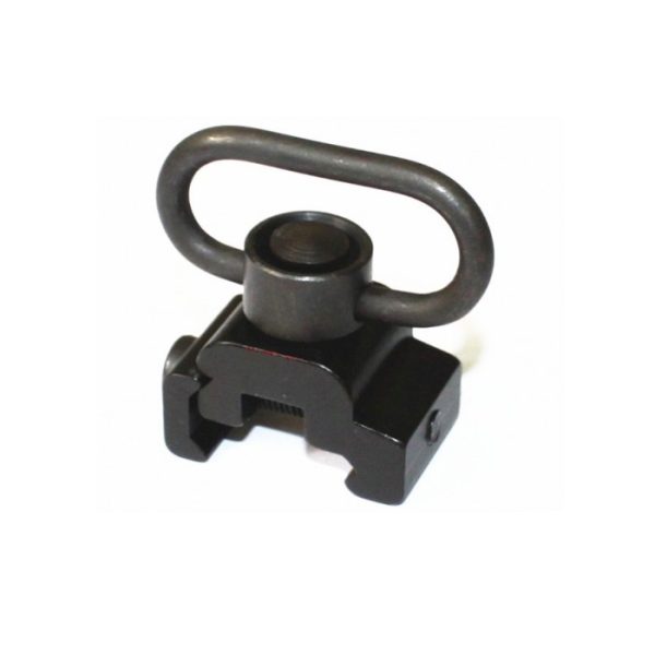 The SAA QD-Button Picatinny Sling Swivel detaches quickly from it's housing with the press of a button.