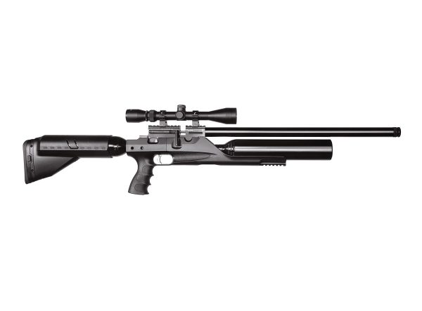 The Kral Puncher Bigmax X Black 5.5mm, shown hete with a rifle scope mounted.