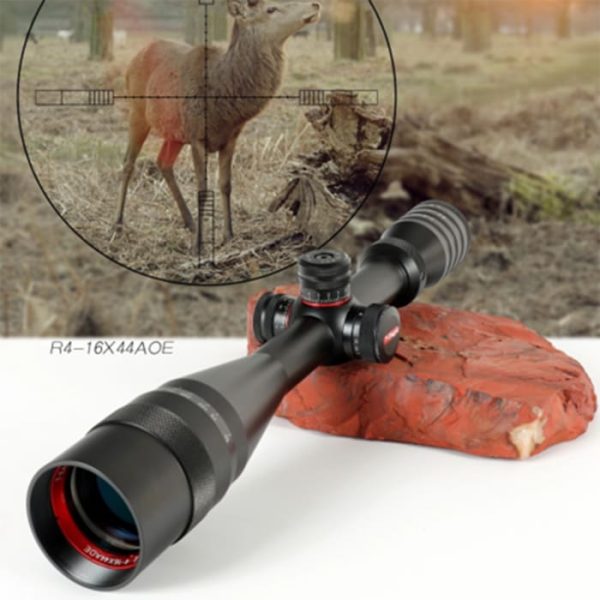 The T-Eagle R 4-16x44 AOE HK has a classic Hawke reticle, red and green illumination, turret lock and an Adjustable Objective.