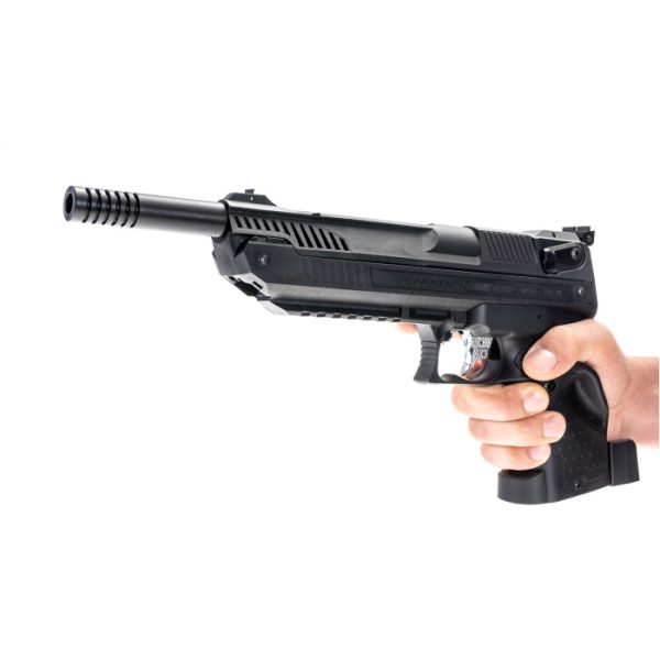Close-up of the Zoraki HP01-2 Ultra Pneumatic Pellet Pistol in a shooter's hand.