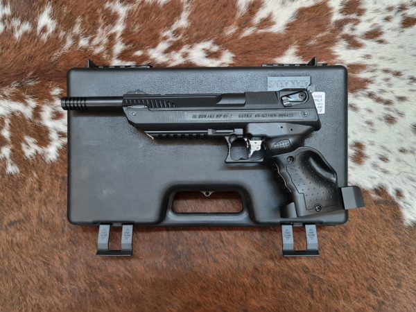 Close-up of the Zoraki HP01-2 Ultra Pneumatic Pellet Pistol on its hard case.