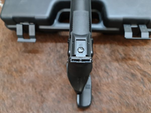 Close-up of the adjustable rear sight on the Zoraki HP01-2 Ultra Pneumatic Pellet Pistol.