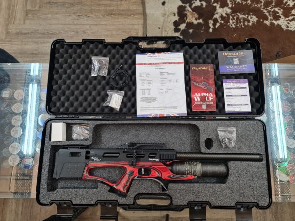 The complete Daystate Alpha Wolf PCP 5.5mm package in hard case.