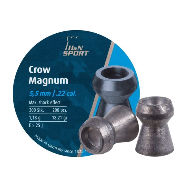 The H&N Crow Magnum 5.5mm 18.21gr 200PCS are airgun pellets with maximum shock effect and deformation, sold in a 200PCS tin.