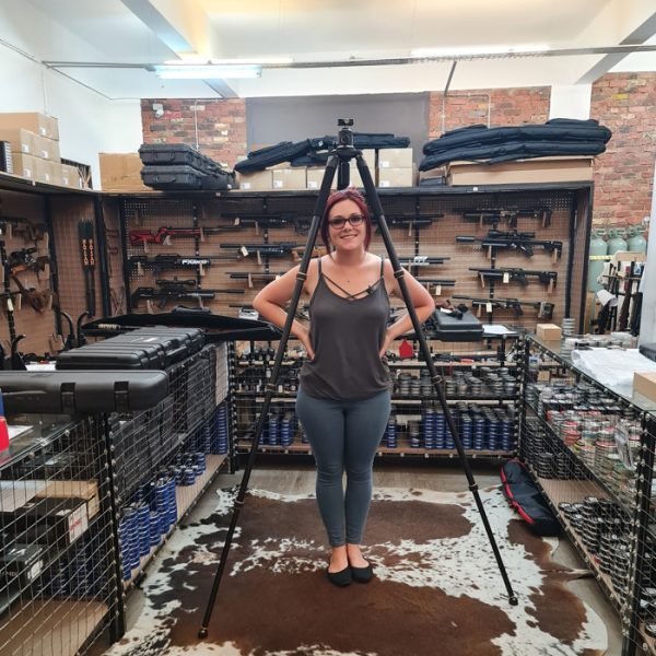 Just look how high the Heavy Duty Gun Saddle Tripod extends. For reference, Bianca from SA Air Rifles & Accessories is 1.63m tall and this tripod is taller!