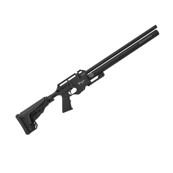 The large 200 BAR 310cc air tube, located under the shrouded barrel, gives you plenty of shots between fills with the Kuzey TX-1 PCP 5.5mm. You'll find a manual safety on the trigger itself, which you can easily engage while holding the comfortable AR-style pistol grip.