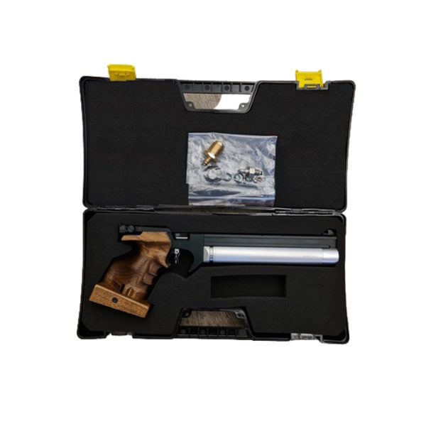 The Snowpeak PP20 PCP 4.5mm match grade pistol comes in a cut-out hard case.