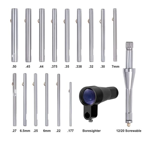 The Vector Optics Gunpany Boresighter Kit 16PCS contains a multi-calibre collimator and 15 different arbors, as well as a screwable arbor from 12 to 20. These arbors consist of .177, .22, 6mm, .25, 6.5mm, .27, 7mm, .30, .32, .338, .35, .375, .44, .45,  and .50 calibre.