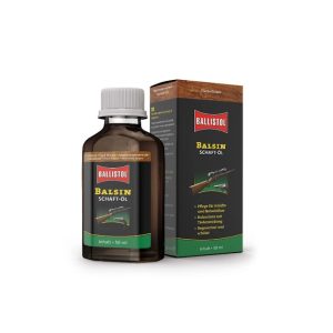Balsin Stock Oil Dark Brown 50ml by Ballistol, a mineral oil with many uses. Provides old, brittle and weather-beaten wooden stocks with a new silky shine.