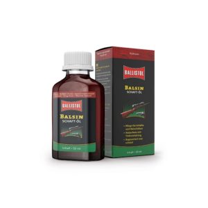 Balsin Stock Oil Reddish Brown 50ml by Ballistol, a mineral oil with many uses. Provides old, brittle & weather-beaten wooden stocks with a new silky shine.
