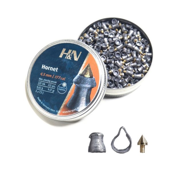 The H&N Hornet 4.5mm 9.57gr 225PCS are medium-weight, accurate hunting pellets for medium to longer ranges. They have high impact and penetration. This is thanks to an aerodynamic design through the smooth brass tip. They also feature controlled expansion, having devastating impact performance.