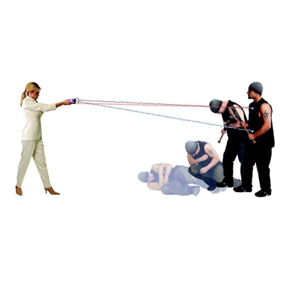 The Shoot Out Stun Gun Electroshock Rechargeable Air Stun gun shoots out a 4 to 5 meter wire with prongs which stick in about 1cm into the assailant’s body.