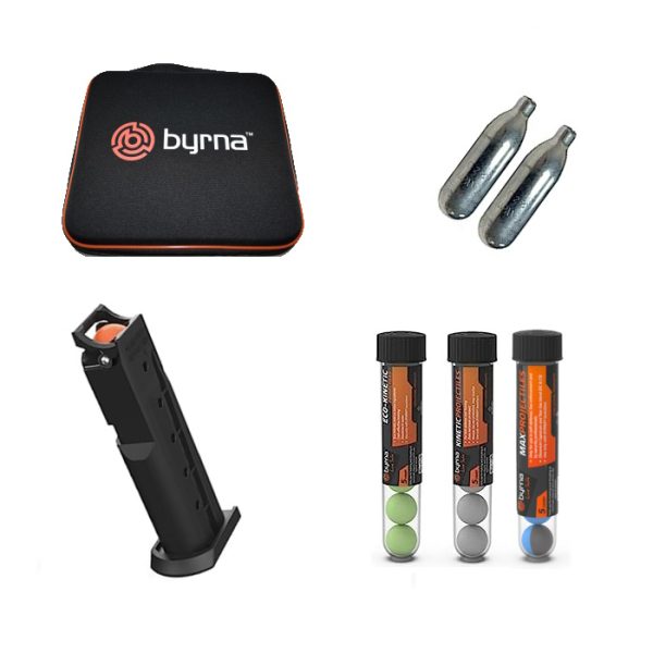 Get maximum self and home protection with the Byrna SD Max Kit. The Byrna SD (Self-Defence) is the successor of the wildly popular Byrna HD, now re-engineered for optimal performance and maximum efficacy! Powered by compressed CO2, the Byrna SD shoots .68 calibre round kinetic and/or chemical irritant projectiles that can incapacitate a threat from up to 20 meters away.