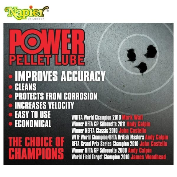 Napier Power Pellet Lube 10ml and Napier Power Pellet Lube Spray 25ml improves accuracy, cleans, protects from corrosion and increases velocity. Endorsed by champions and major manufacturers.