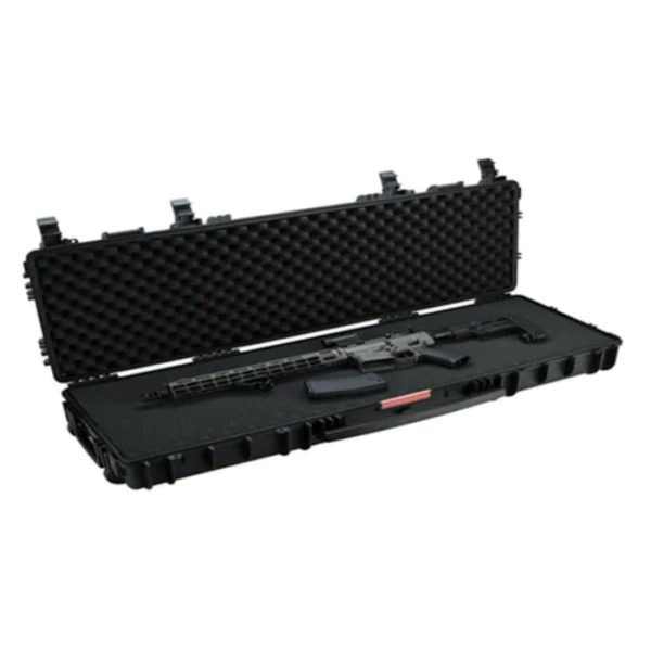 The Heavy Duty Gun Case 1133513 features both Egg Shell and Pick and Pluck foam, snap latches, lock points, roller wheels and a rubber seal and air valve.