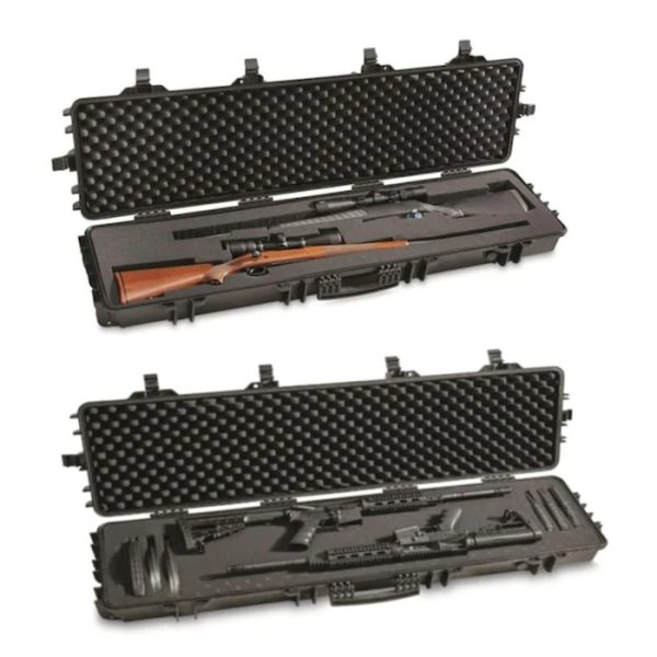 The Heavy Duty Gun Case 1303214 features both Egg Shell and Pick and Pluck foam, snap latches, lock points, roller wheels and a rubber seal and air valve.