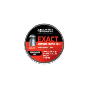 JSB Exact Jumbo Monster Redesigned Deep 5.52mm 25.39gr 200PCS, designed for powerful air rifles, with a deep cup and thinner skirt.