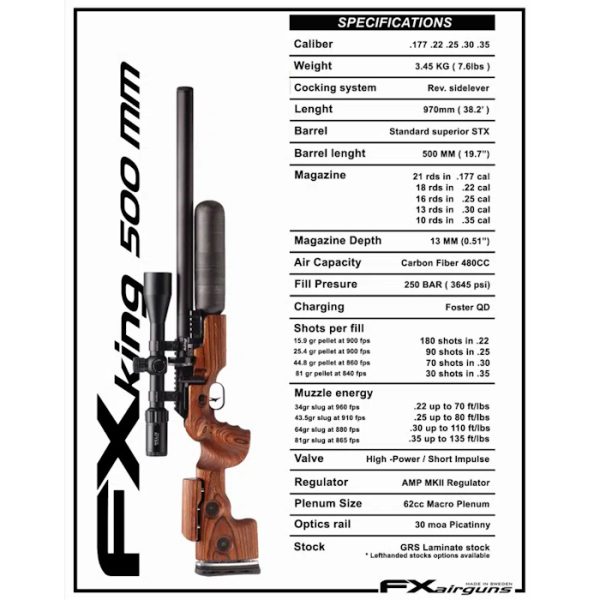 Get power, precision and adjustability with the FX King 500 Brown Laminate 5.5mm, the ultimate traditional sporter-style airgun with GRS stock.