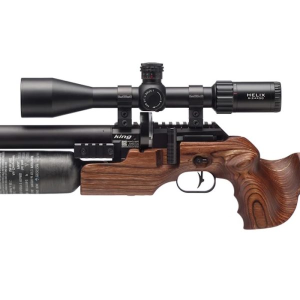 Power, precision, adjustability - The left-handed FX King 600 Hunter Brown LH 5.5mm, the ultimate traditional sporter-style airgun with GRS laminate stock.