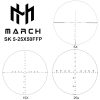 The March SK 5-25x50SFIR FFP features Side Focus, Zero Set, lockable turrets and red & green illuminated centre dot reticle in the First Focal Plane. Included you get a Sunshade, flip up lens covers and a magnification throw lever.