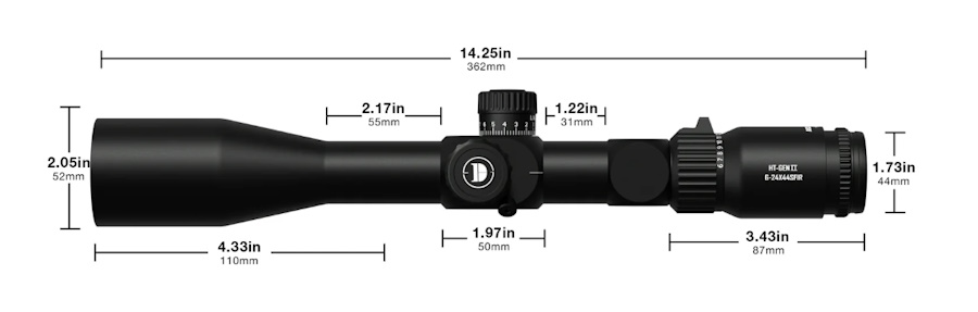 The Discovery HT GENII 6-24x44SFIR FFP MOA with sunshade, lens caps, turret wheel and scope coin is perfect for long distance hunting or sport shooting.