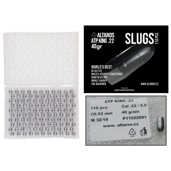 Altaros ATP Slugs King .22 5.52mm 40gr 110PCS are are high-precision, CNC-machined for exceptional long-range accuracy and high Ballistic Coefficient. A popular choice for Air Rifle Unlimited Benchrest, and also the slug that set the new world record!